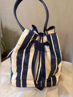 Tory Burch Beautiful Striped Navy and Cream Leather Drawstring Bucket Bag-NWT
